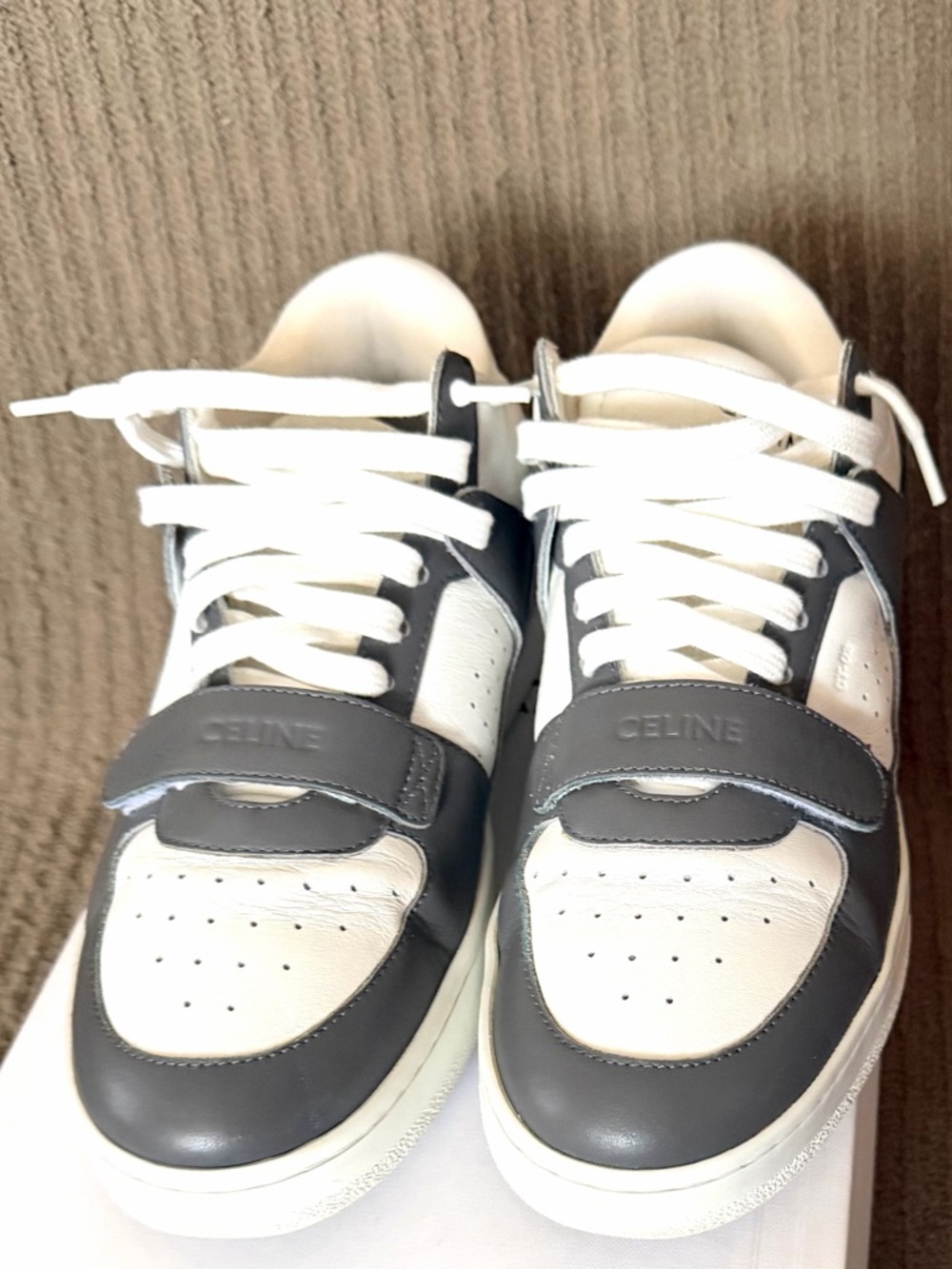 Celine White and Gray Leather Mid- Top Sneakers